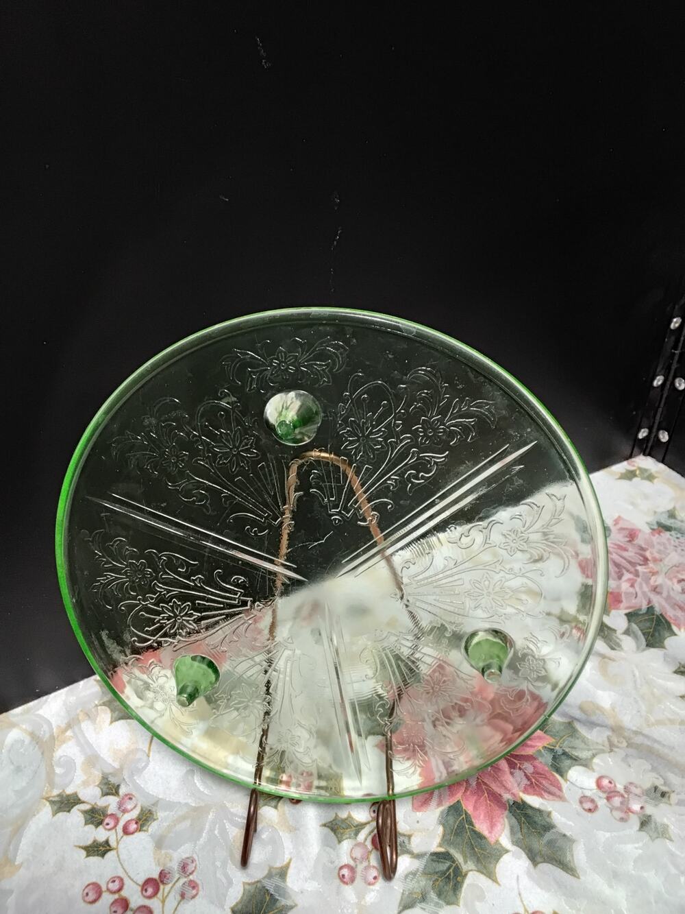 Depression Glass Green Vaseline Cake Plate Primo Panel Aster US GLASS 1930's